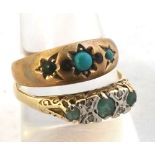 Two 9ct Gold rings, one set with three green stones and white stone chips, and the other set with