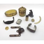 A Box: various mixed items to include Brass Canister, Curved Gauge, oval Brass Tobacco Tin, other