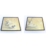 A pair of Oriental Watercolours on Fabric, depicting fighting cocks and swans, 10  x 12 =  (2)