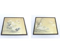 A pair of Oriental Watercolours on Fabric, depicting fighting cocks and swans, 10  x 12 =  (2)