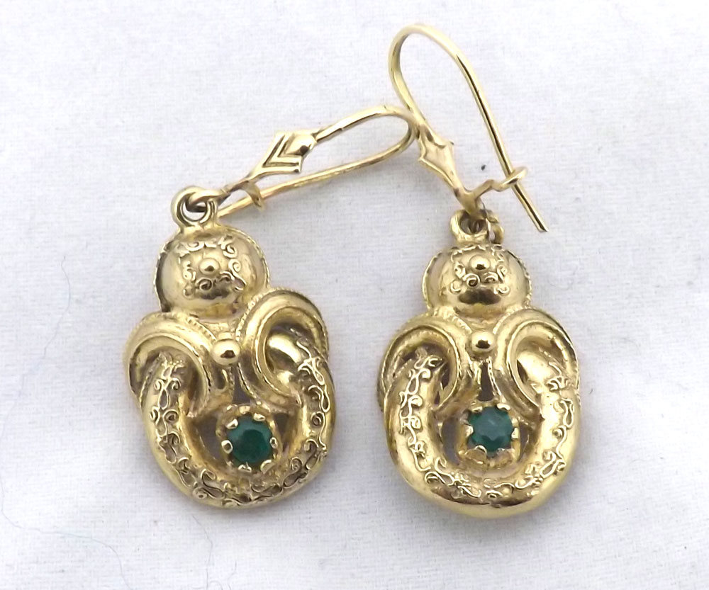 A pair of Victorian style yellow metal scroll design Drop Earrings, each set with a single small