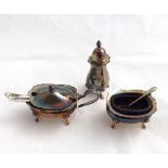 Elizabeth II three-piece Silver Cruet comprising Mustard with looped handle and hinged lid, and