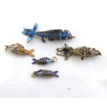 Group of five assorted white metal and enamelled articulated Carp pendants 21mm long to 51mm long (
