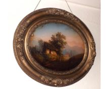 A 19th Century Oval Reserve Painted Study of Rural Scene, in giltwood foliate mount, 13 =  wide