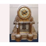 Early 20th Century gilt metal mounted alabaster Mantel Clock, the drum head on scrolling supports to