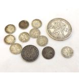 Mixed lot of Silver coinage including Dutch 2 = Guilder piece, 1930; English Shilling 1887; ten