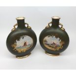Pair of double handled Vases of Moon Flask type design, decorated with country scene and vatching