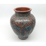Iznik wide-necked pottery Vase, decorated with stylised flowers on a terracotta background, 9 =