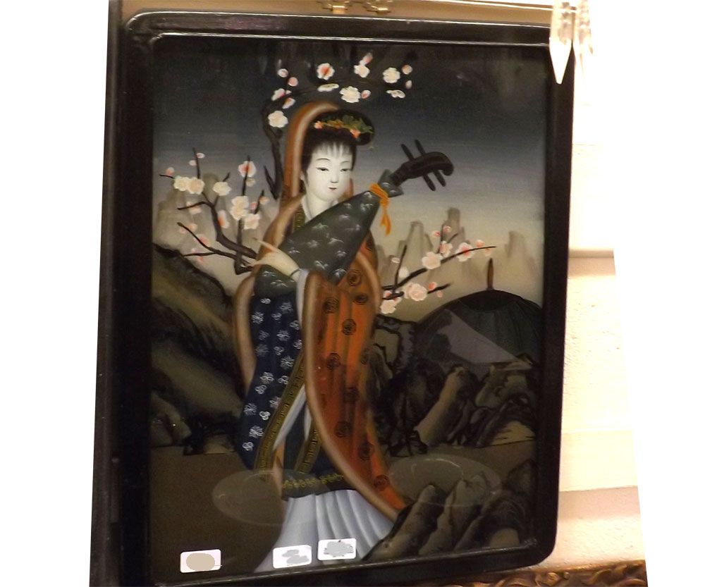 A 20th Century Oriental Gouache Picture depicting a young lady musician standing amidst lotus