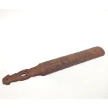 Eastern Hardwood Paper Knife decorated with carved figure amongst bamboo, 16  long