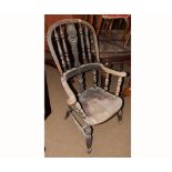 19th Century Elm seated Armchair with bobbin turned back and central target detail, on turned legs