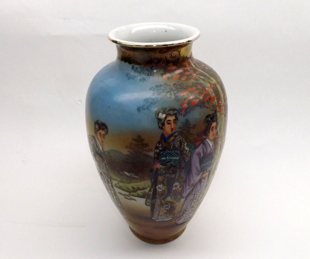 Modern Oriental Baluster Vase, decorated in the Satsuma manner, with figures before a mountainous