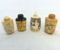 A collection of four various Composition Snuff Bottles, one embossed with nude and the other three