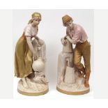 Large pair of Royal Dux figures modelled as young peasant lady and gent aside a water fountain,