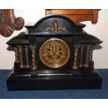 Early 20th Century cast Brass mounted black marble Mantel Clock, the architectural case with