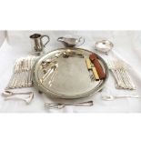 Mixed lot comprising Silver plated round Serving Tray, various Cutlery, small Silver plated Tankard,
