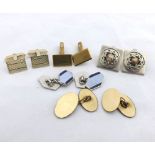 Collection of five pairs of vintage metal cufflinks, one pair with enamel detail