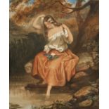 AUGUSTUS JULES BOUVIER, SIGNED, AND DATED 1848, WATERCOLOUR, "Young lady by a pool" 23" x 19"