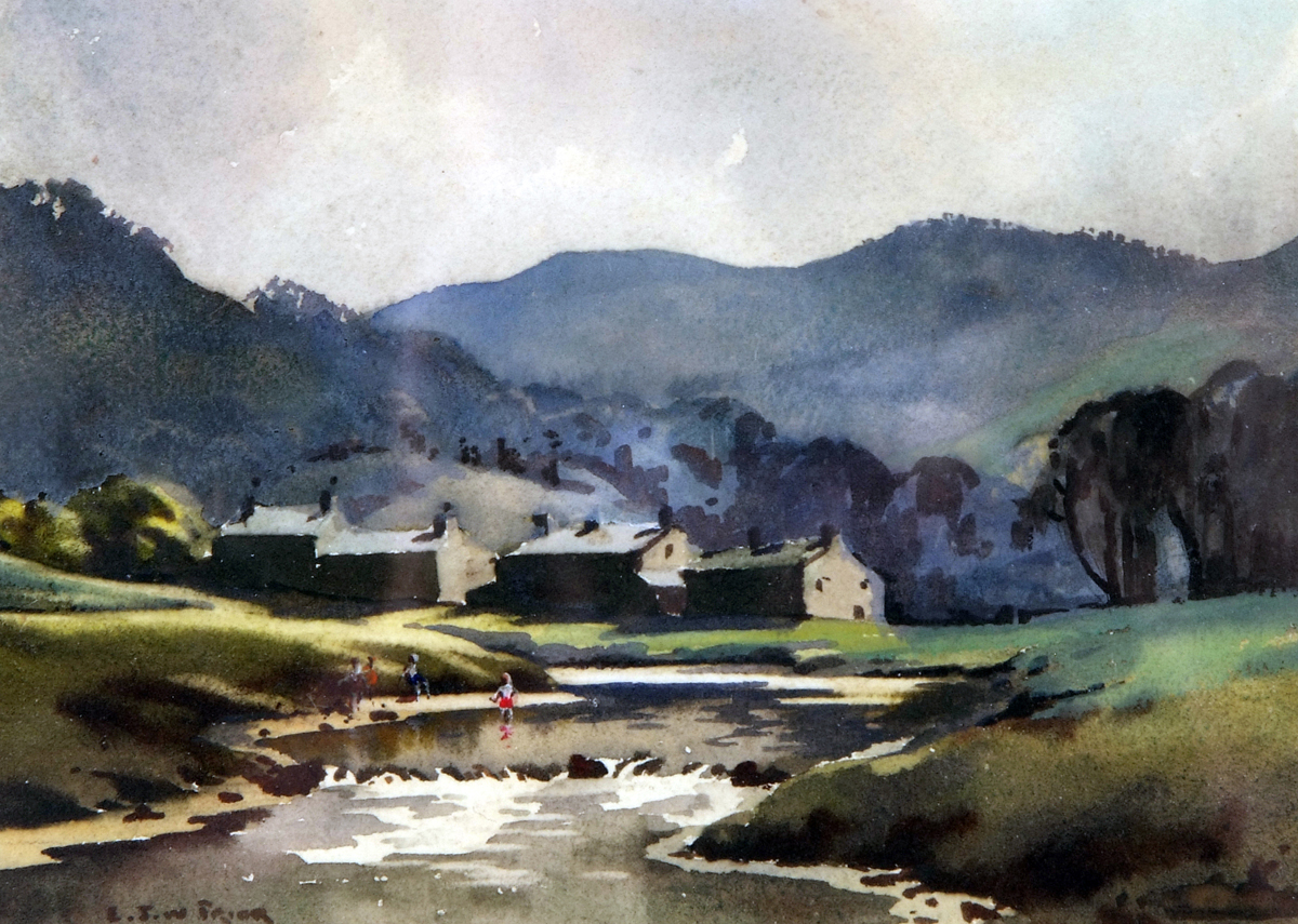 E J W PRIOR, SIGNED, WATERCOLOUR, Children Playing River, Houses in Distance, 5" x 7"