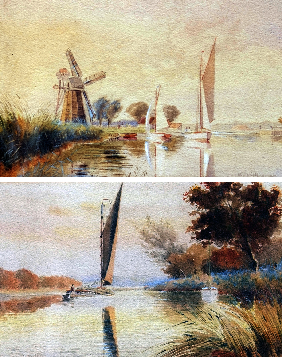 WILLIAM LESLIE RACKHAM, SIGNED, TWO WATERCOLOURS, "Broadland Landscapes with Sailing Boats, Wherry
