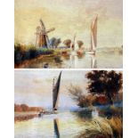 WILLIAM LESLIE RACKHAM, SIGNED, TWO WATERCOLOURS, "Broadland Landscapes with Sailing Boats, Wherry