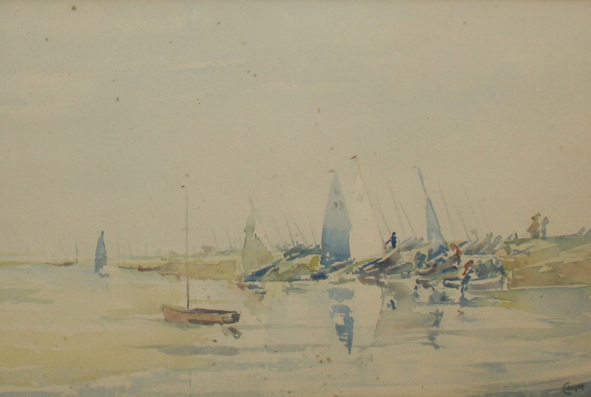 CHARLES A JAQUES, SIGNED, WATERCOLOUR, "Morning Tide at Blakeney", see original artist's label