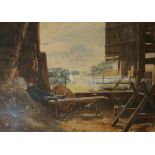 W S C, INITIALLED WATERCOLOUR, "Farmworker Resting in Barn Interior", 10" x 15"