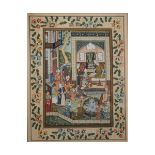 MOGUL SCHOOL, WATERCOLOUR HIGHLIGHTED WITH GILT, Courtiers In and Outside a Palace, floral border, 8