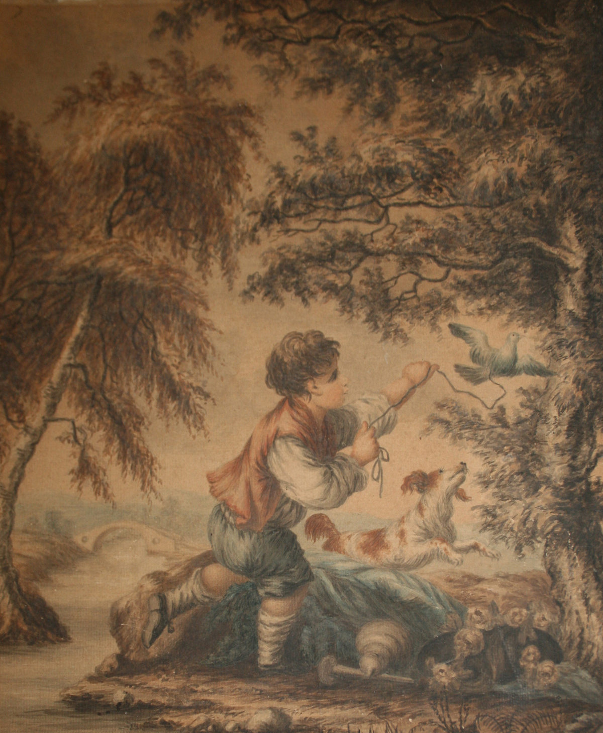 18TH/19TH CENTURY ENGLISH SCHOOL PENCIL AND WATERCOLOUR, "Learning to Fly - Young boy with dog and