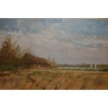 KEITH JOHNSON, SIGNED, THREE OILS ON BOARD, Untitled Norfolk Broadland Landscapes with Windmills,