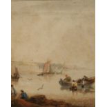 SAMUEL OWEN, SIGNED, WATERCOLOUR, Coastal Scene with Fisherfolk, 5" x 4"