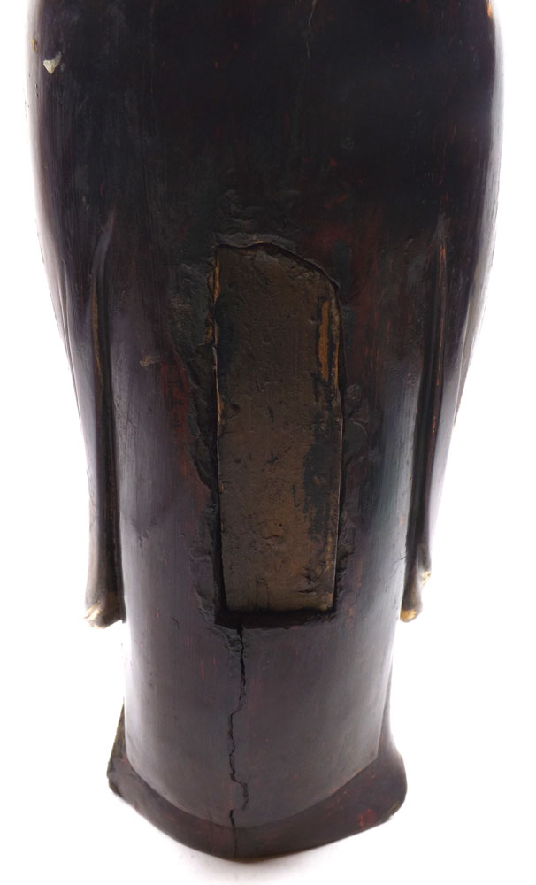 Large Chinese or Tibetan gilt painted treen figure of priest wearing ceremonial robes, further red - Image 14 of 16