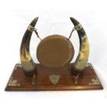 Late 19th or early 20th Century table Gong, mounted between two bull's horns, raised on an Oak base,