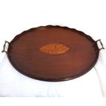 Edwardian Mahogany galleried oval Serving Tray with inlaid central shell detail and Brass handles,