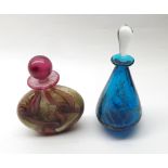 Mdina blue glass conical scent bottle with clear stopper together with a further Isle of Wight glass