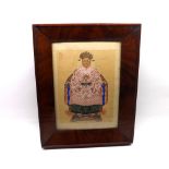 Oriental fabric picture depicting a wise man seated on a throne chair and a Mahogany cushion type