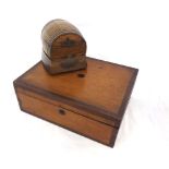 19th Century Mahogany and inlaid rectangular box together with a further small barrel shaped Oak