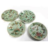 Collection of four various Celadon Plates, typically painted in traditional colours with birds,