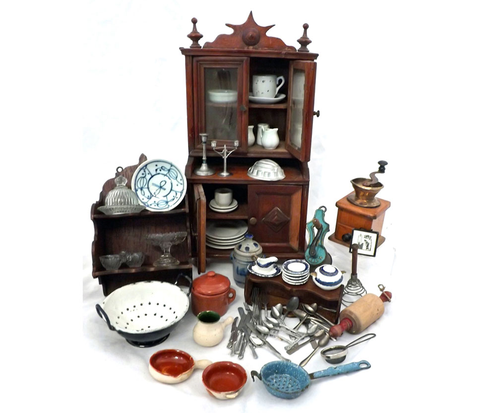 Collection of mostly 19th Century dolls miniatures to include an Oak and Mahogany glazed top Dresser