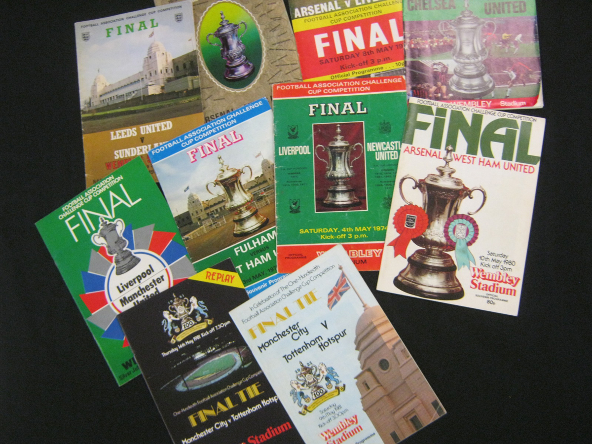 One box: FA Cup Final programmes including 1970-75, 1977, 1979-89, + assorted League Cup Finals etc