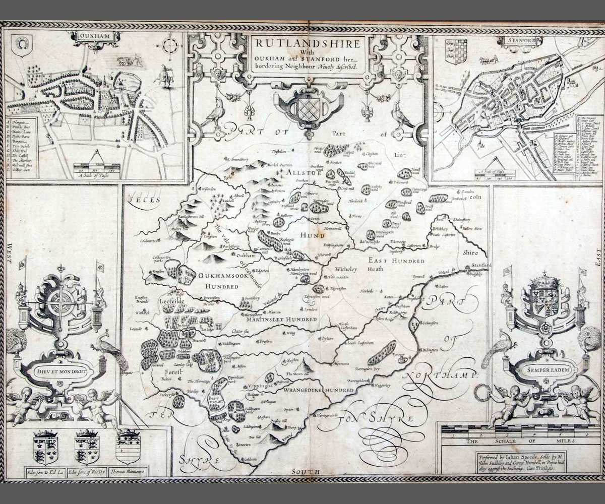 J SPEEDE: RUTLANDSHIRE, engrvd map [1611], approx 14 3/4" x 19 1/2", f/g