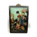 A 20th Century Oriental Gouache Picture depicting a young lady musician standing amidst lotus