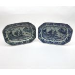 Pair of Nankin Platters of typical canted rectangular form, decorated in underglaze blue with