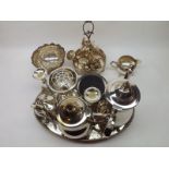 A Box of various Silver Plated Wares to include tea set and tray, rose bowls, egg cruet etc (qty)