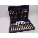 An Oak Cased Walker & Hall Canteen of six Silver Plated Fish Knives and Forks, case 14" wide