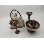 A Box of various Silver Plated Wares to include six bottle cruet, various vases etc