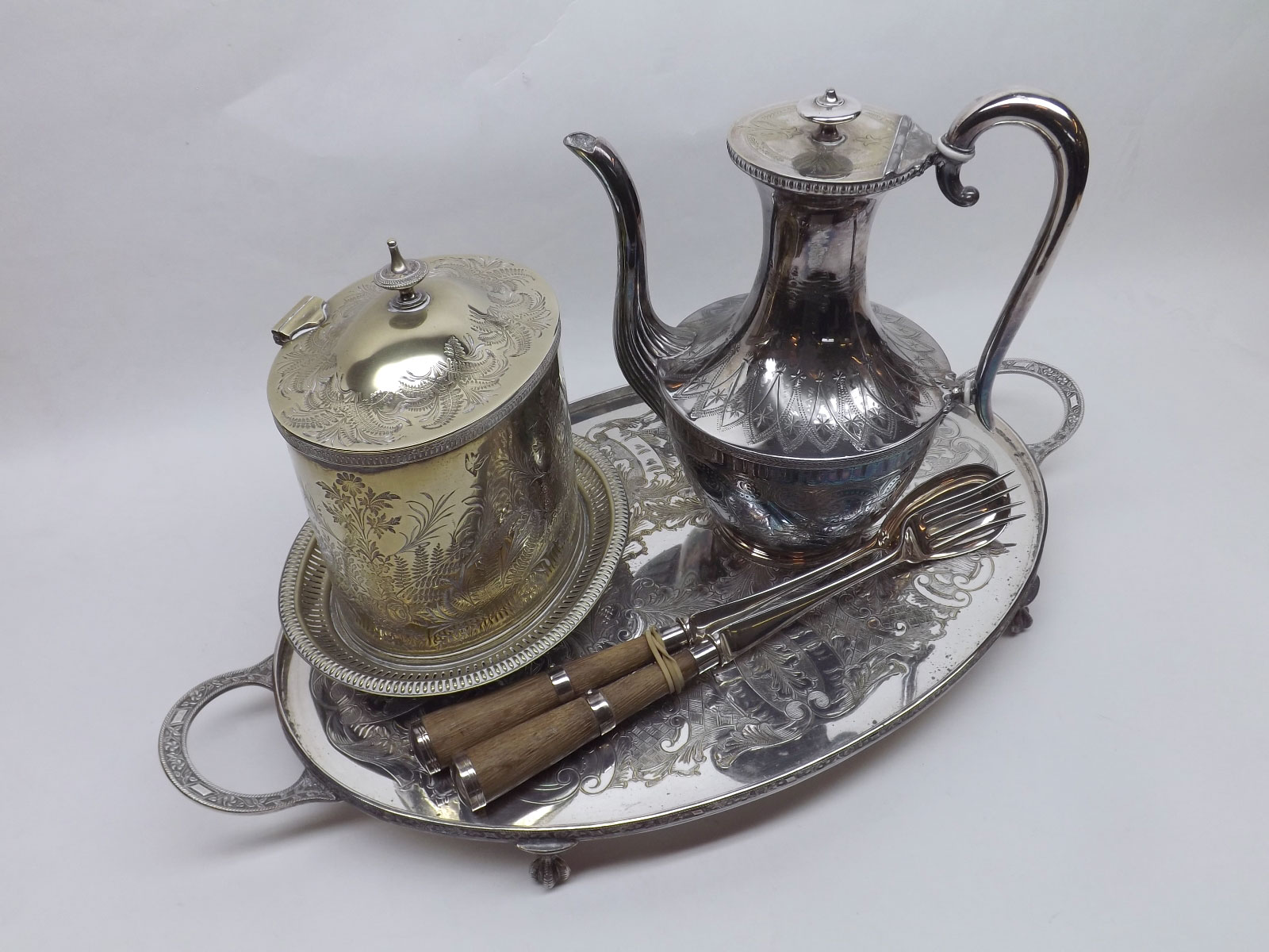 A Mixed Lot comprising: oval Silver Plated Double-handled Serving Tray, Silver Plate and Wooden-