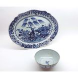 A Nankin Oval Platter, the centre decorated in underglaze blue with objects in a garden (extensive