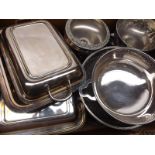 Box of assorted Silver Plated Wares to include entre dishes, pedestal serving dish, trays etc (qty)