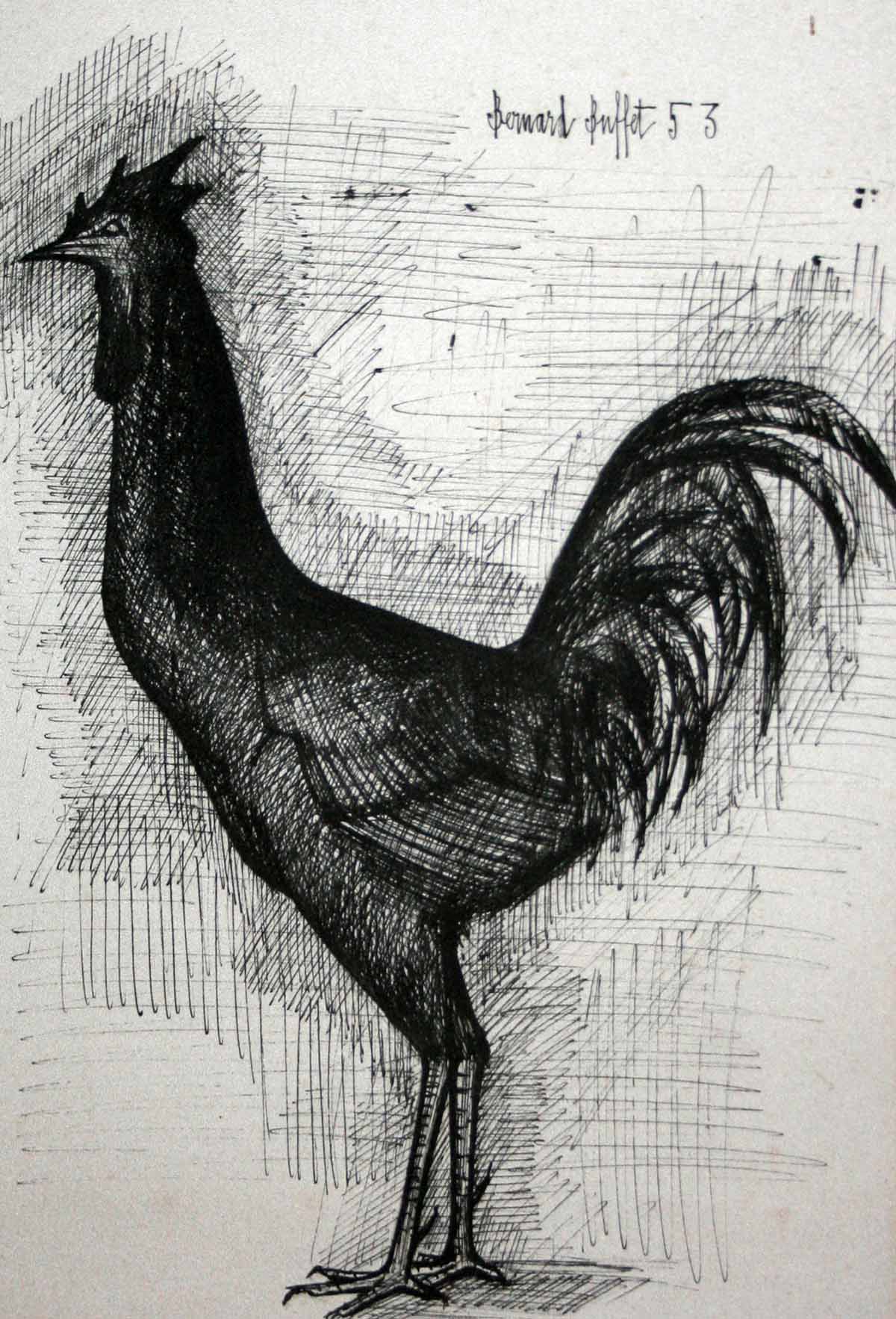 AFTER BERNARD BUFFET, BLACK AND WHITE PRINT, A Cockerel, 16" x 10"